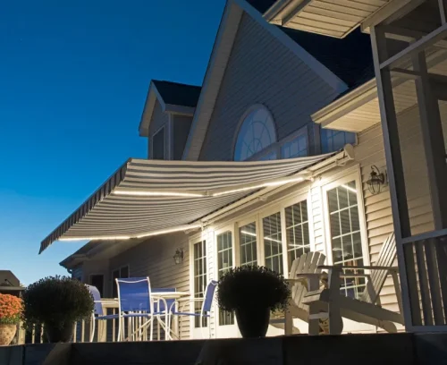 motorized awning install blue striped cover bottom blythewood sc